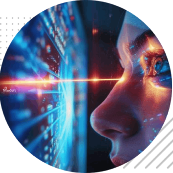 A digital, futuristic image showing a person's eye closely examining a glowing screen, with vibrant blue and orange light effects connecting them.